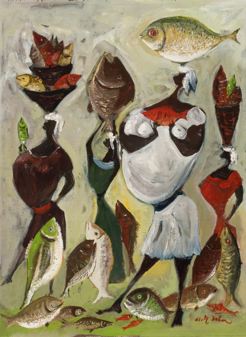 ADOLF DEHN (1895-1968) CASEIN ON PAPER FROM 1955: Adolf Arthur Dehn 1895-1968 Fish for Sale 1955 Signed lower right front, signed again, dated and titled verso in the artist's hand. Unframed. Fish for Sale belongs to a notable group of 'fish'