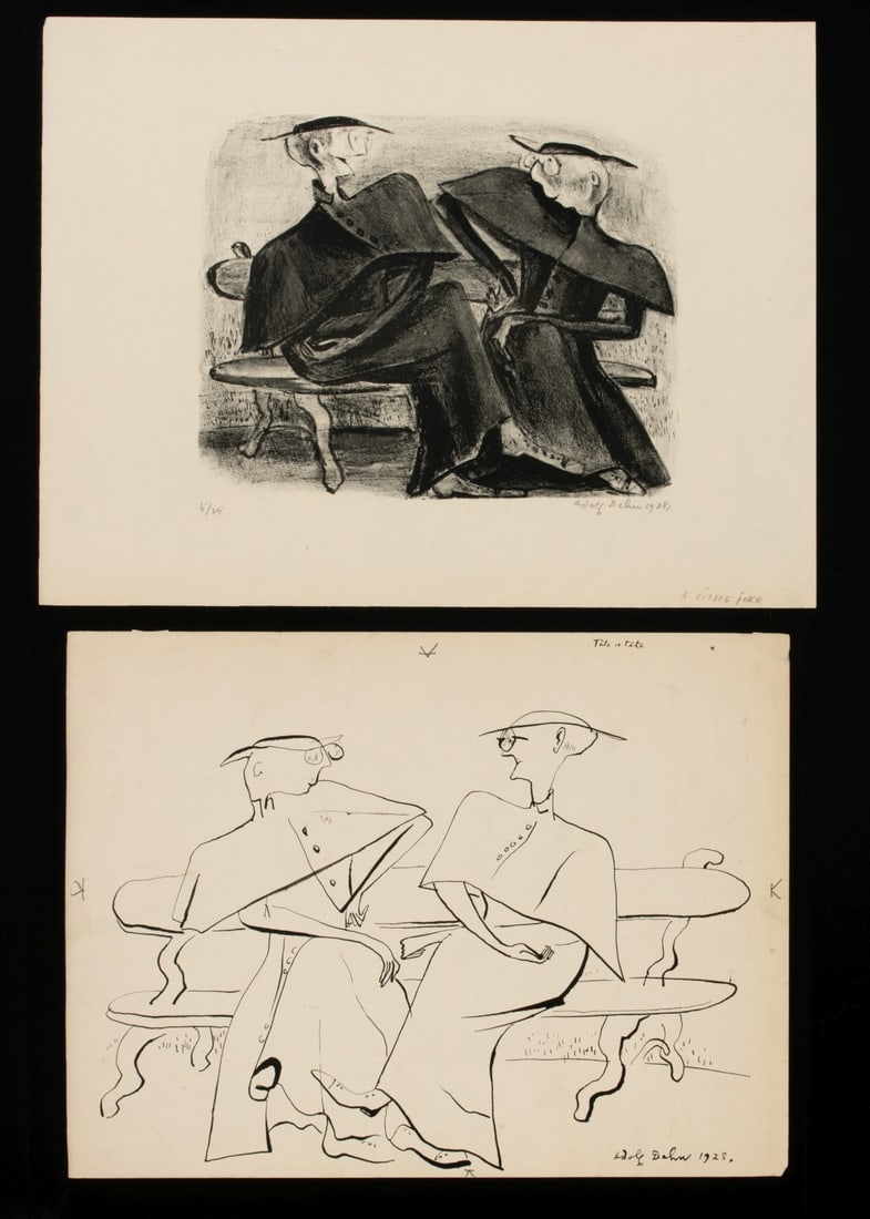 ADOLF DEHN (1895-1968) LINE DRAWING AND LITHOGRAPH: Adolf Arthur Dehn (1895-1968) Tete a tete and A Little Joke 1928 Two unframed works acquired from the artist's family. 1. Tete a tete (1928). Pen and ink on paper signed lower right, titled upper