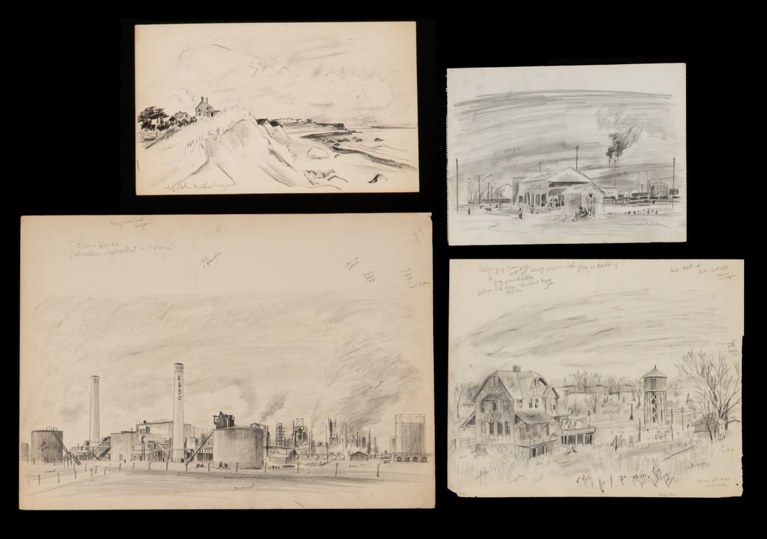 ADOLF DEHN (1895-1968) 1940s LANDSCAPE STUDIES (4): Adolf Arthur Dehn (1895-1968) The four graphite studies on paper, each with color and other production notes (excluding Martha's Vineyard): 1. Power House (Catcrackers & Hydro Plant in distance). Unsi