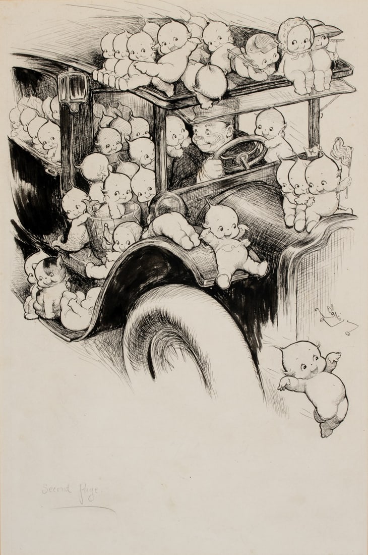 ROSE O'NEILL KEWPIES ILLUSTRATION FOR GOOD HOUSEKEEPING: Cecil Rose O'Neill (1874-1944) Untitled (The Kewpies Thanksgiving) The original India ink illustration of Kewpies overwhelming an automobile by Rose O'Neill is signed within the image. The lower right