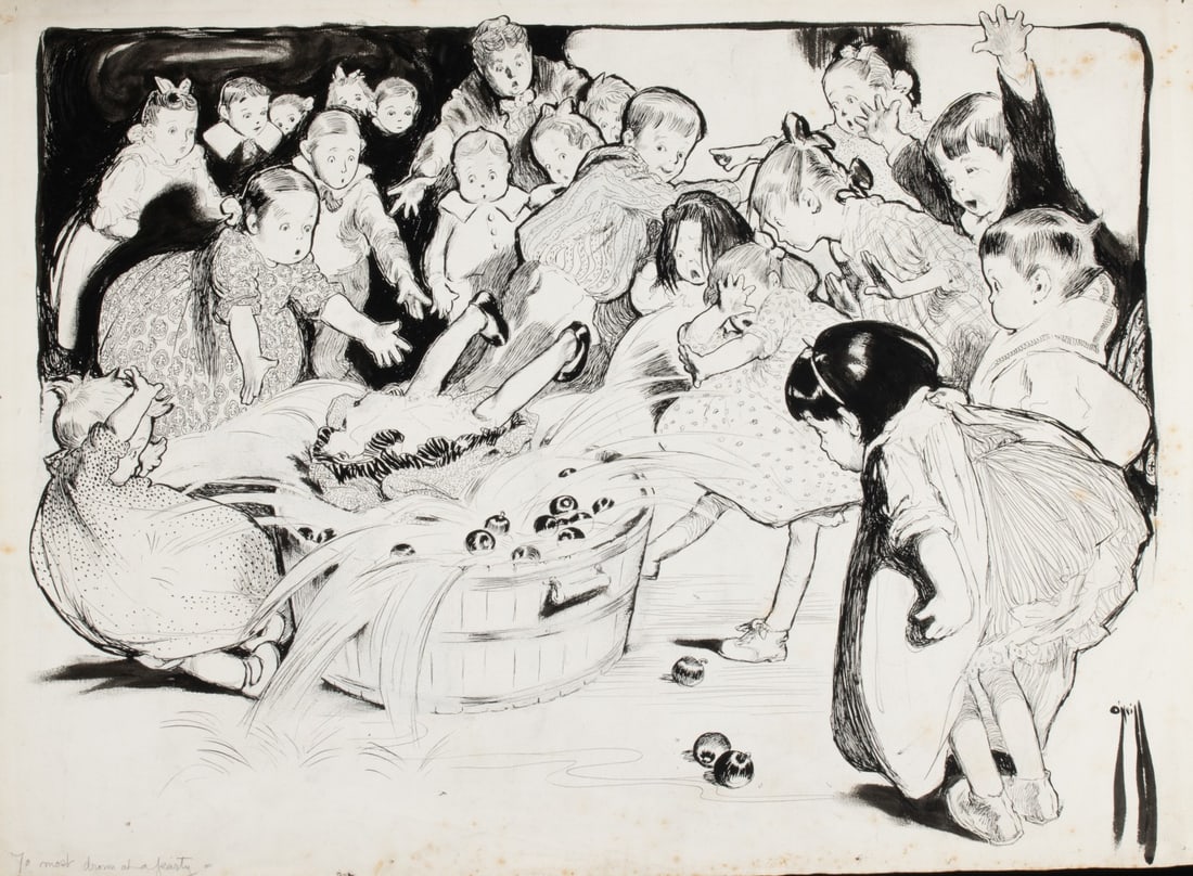 ROSE O'NEILL (1874-1944) INK ILLUSTRATION FOR MAGAZINE: Cecil Rose O'Neill (1874-1944) To 'most drown at a party 1904 - 1910 Signed lower right, titled lower left with an alternate title verso. The original India ink illustration on J. Whatman paper waterm