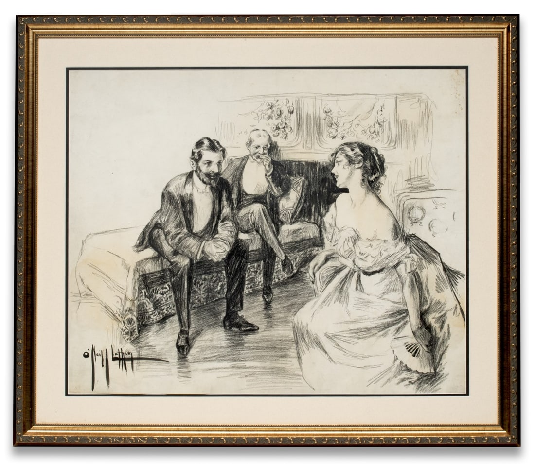 ROSE O'NEILL EARLY UNUSUAL IMPORTANT PUCK ILLUSTRATION: Cecil Rose O'Neill (1874-1944) The detailed work on J. WHATMAN 1896 watermarked paper is a rare example executed in dry black crayon rather than India ink. The work is signed O'Neill Latham in India i