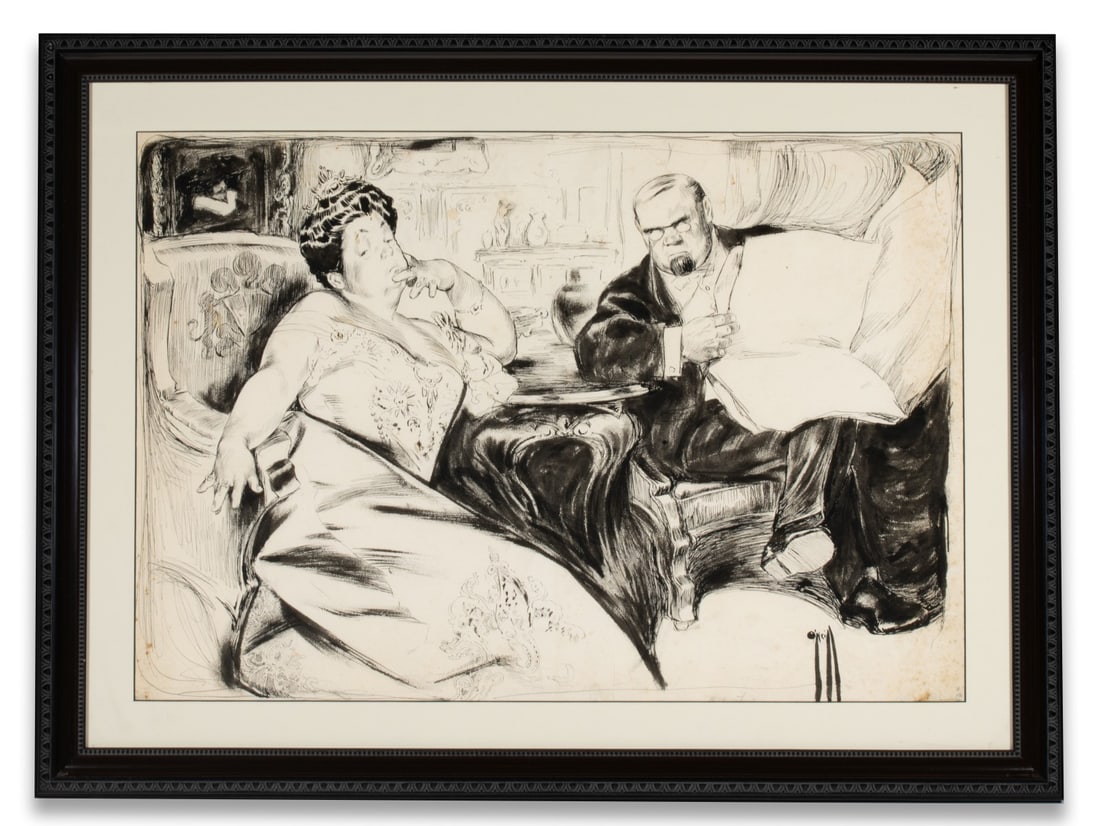 ROSE O'NEILL (1874-1944) INK ILLUSTRATION FOR PUCK: Cecil Rose O'Neill (1874-1944) The original India ink illustration, signed lower right front, is in the manner and period of the artist's work for Puck magazine, and though the exact publication is pr