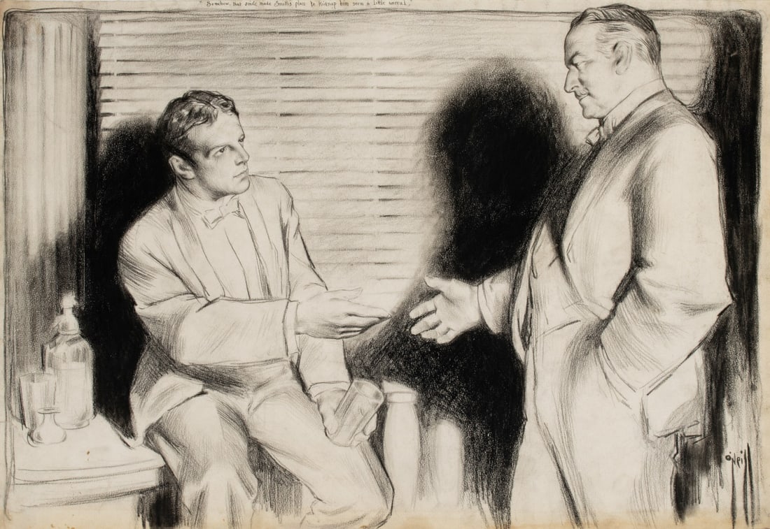 ROSE O'NEILL (1874-1944) NOVEL ILLUSTRATION CIRCA 1909: Cecil Rose O'Neill (1874-1944) A King in Khaki 1908-1909 The original India ink illustration on WHATMAN watermark paper, signed lower right, illustrated Henry Kitchell Webster's novel A King in Khaki,