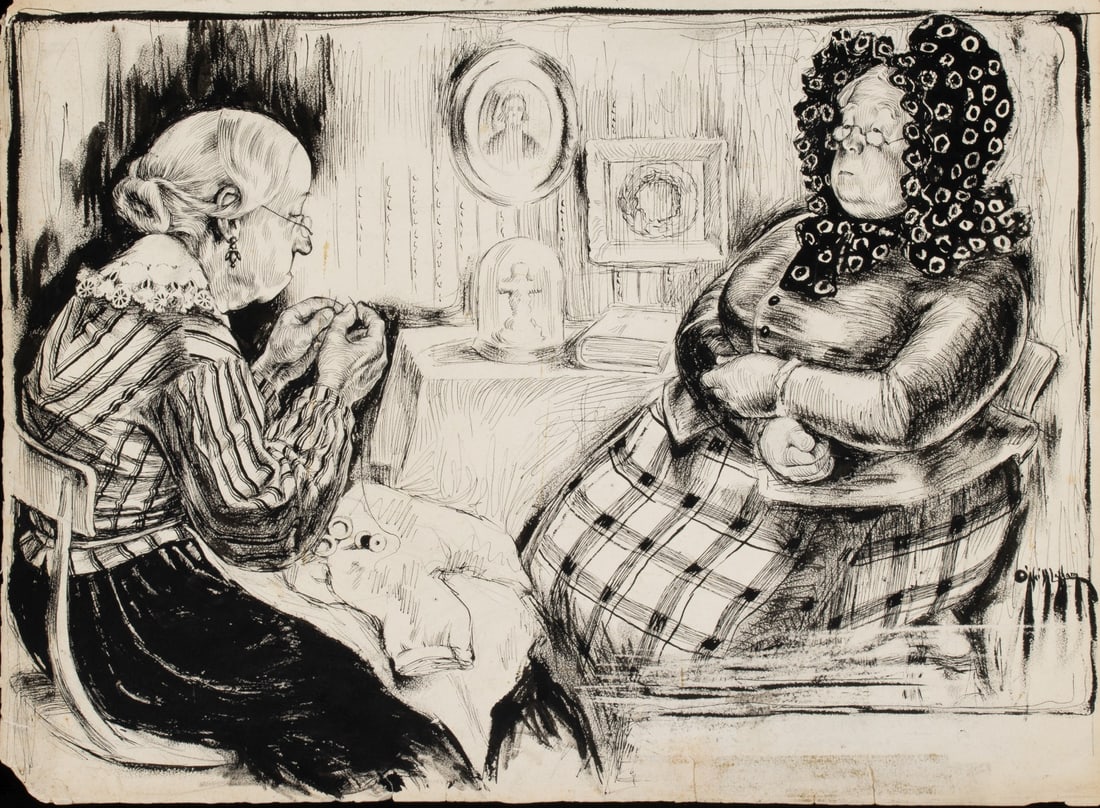 ROSE O'NEILL INDIA INK ILLUSTRATION FOR PUCK MAGAZINE: Cecil Rose O'Neill (1874-1944) The Old Seamstress 1900 The original India ink illustration on J. Whatman 1897 watermark paper appeared in the October 17 issue of 1900 and pictures Mrs. Whiffletree, a 