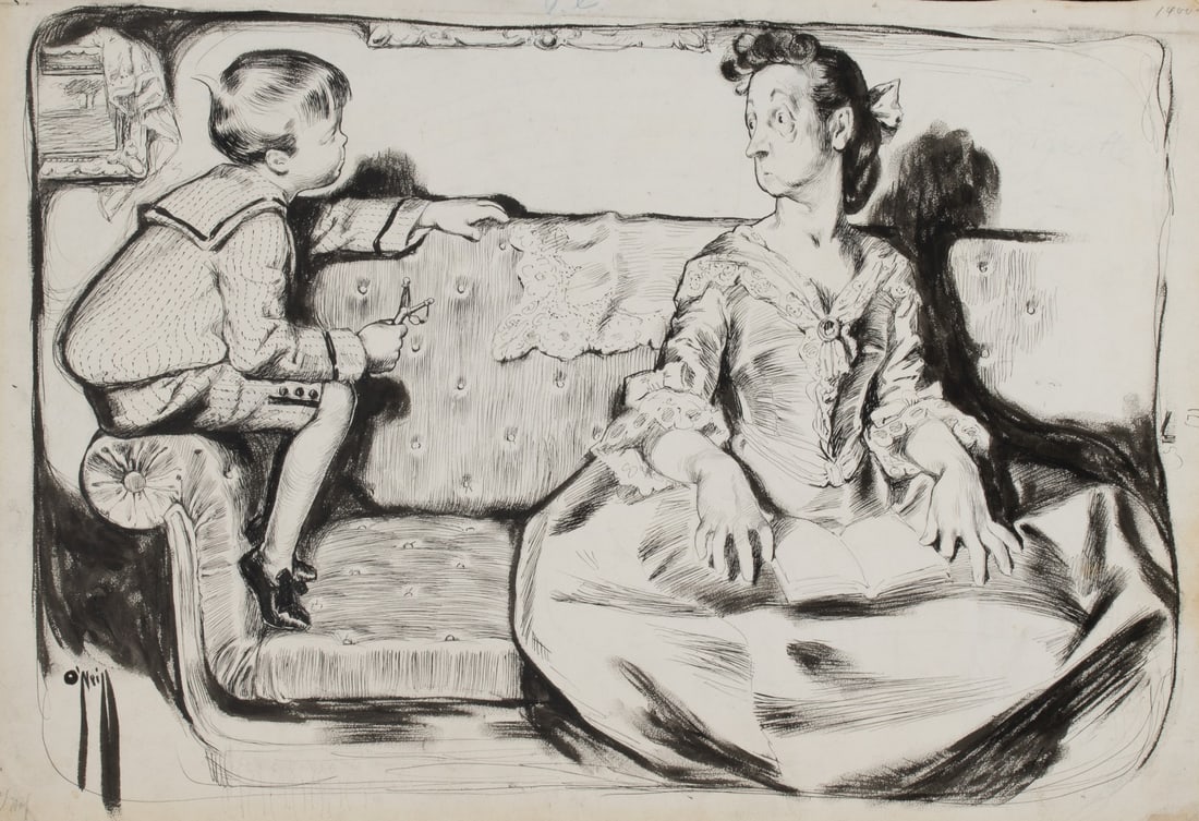 ROSE O'NEILL (1874-1944) ILLUSTRATION ATT PUCK MAGAZINE: Cecil Rose O'Neill (1874-1944) The original India ink illustration, signed lower left front, is in the manner and period of the artist's work for Puck magazine, and though the exact publication is pre