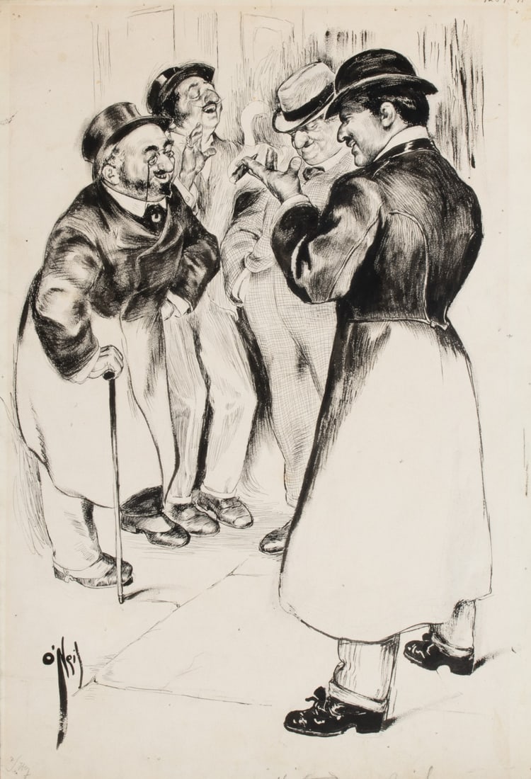 ROSE O'NEILL (1874-1944) ORIGINAL ILLUSTRATION FOR PUCK: Cecil Rose O'Neill (1874-1944) Untitled (Telling of a Joke) Circa 1904 - 1910 The original India ink illustration, signed lower left front, is in the manner and period of the artist's work for Puck ma