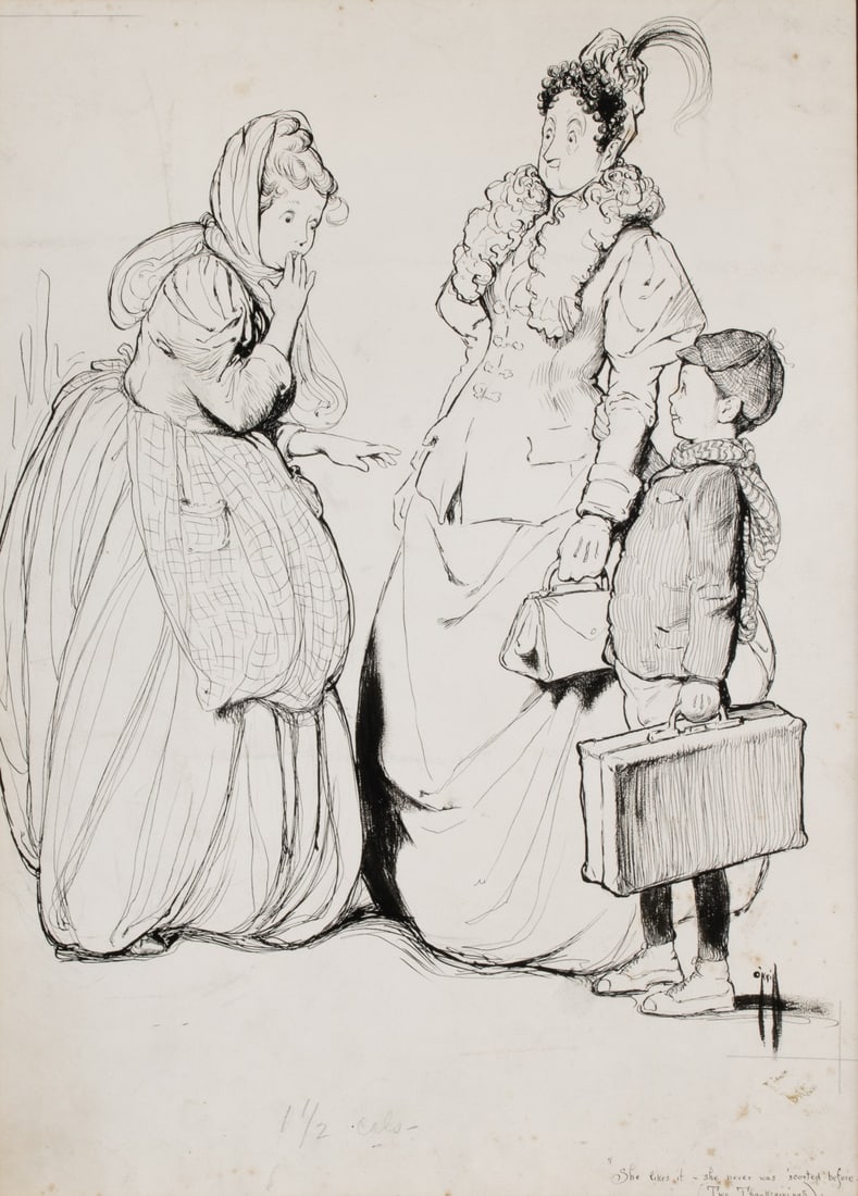 ROSE O'NEILL (1874-1944) ORIGINAL INK ILLUSTRATION: Cecil Rose O'Neill (1874-1944) She likes it - she never was 'scorted before. Early 20th Century. The original India ink illustration is signed lower right and titled by the artist lower right. Image