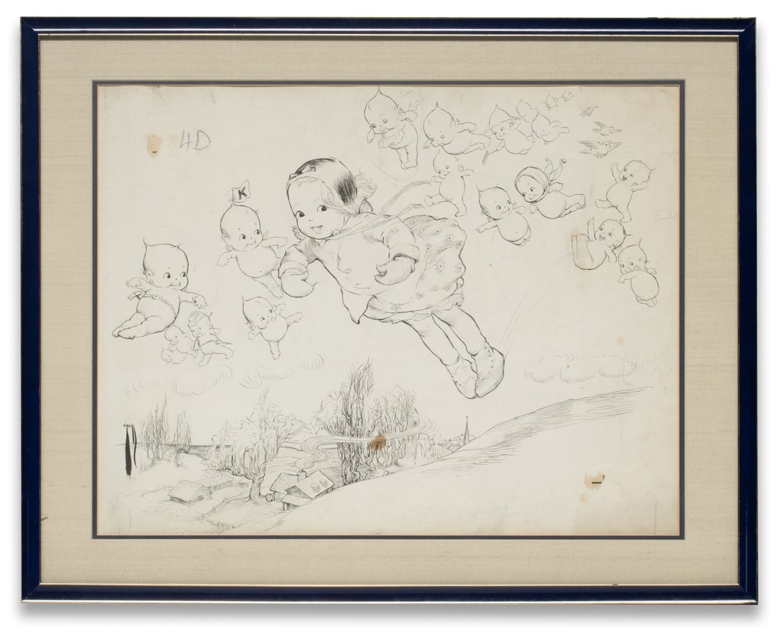 ROSE O'NEILL WOMEN'S HOME COMPANION KEWPIE ILLUSTRATION: Cecil Rose O'Neill (1874-1944) Untitled (Airborne with Kewpies) 1911 The original India ink illustration is inscribed W. H. C. Mar. '11 in ink verso. Image measures 14.25 x 18.5, sheet is 15.75 x 22,