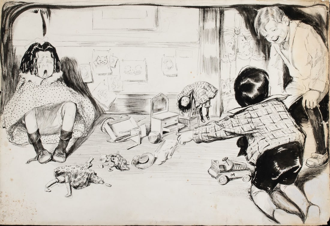 ROSE O'NEILL INDIA INK ILLUSTRATION ATTR PUCK MAGAZINE: Cecil Rose O'Neill (1874-1944) Untitled (Breaking the Doll) The original India ink illustration, signed lower left front, is in the manner and period of the artist's work for Puck magazine, and