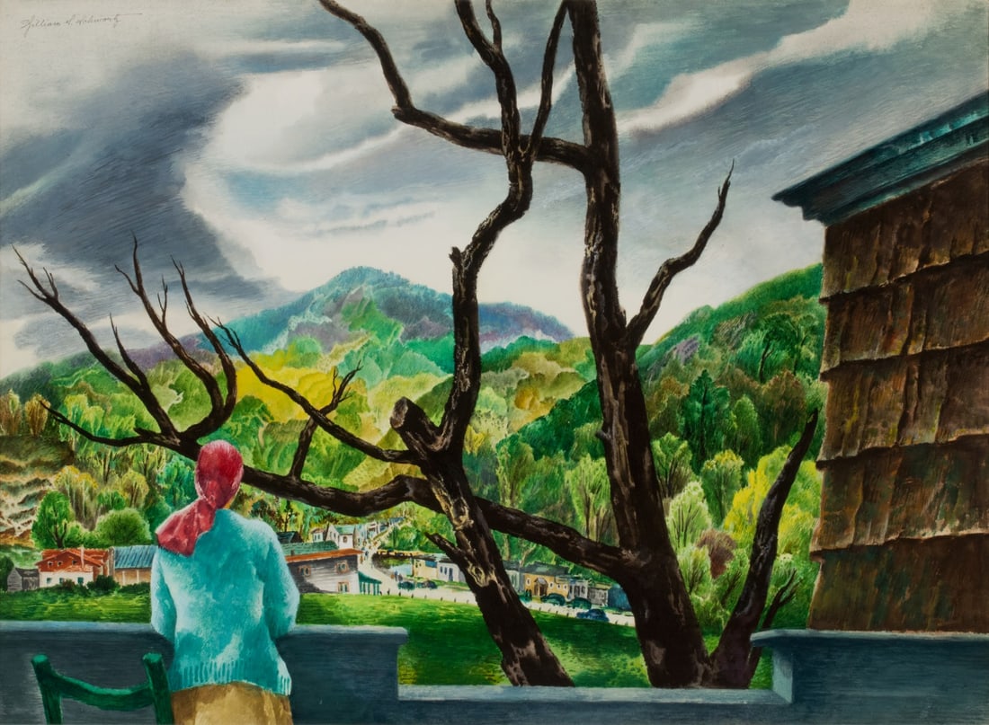 WILLIAM SCHWARTZ (1896-1977) WATERCOLOR ON PAPER: William Samuel Schwartz (Russian/american 1896-1977) Springtime in the Smokies Circa 1940. The watercolor in Schwartz's unique style is signed upper left. Unlike most artists whose works in the