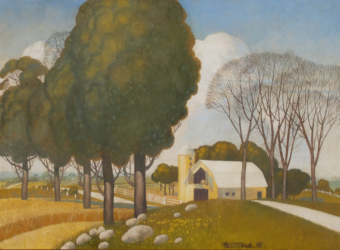 WALTER PARKE (1909-1994) 1940 REGIONALIST OIL ON BOARD: Walter Simpson Parke (1909-1994) Untitled (The Yellow Barn) 1940 The composition with a yellow barn and silo along a lane with rolling ground and row crops is signed lower right and dated 1940.