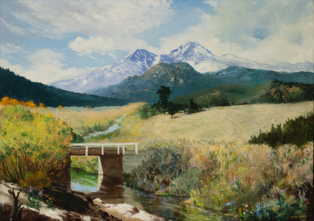 LYMAN BYXBE (1886-1980) COLORADO VIEW OIL ON CANVAS: Lyman Byxbe (1886-1980) Untitled (Estes Park) Third quarter of the 20th century. The composition signed lower right front closely corresponds to a Byxbe landscape identified as Long's Peak, Mount