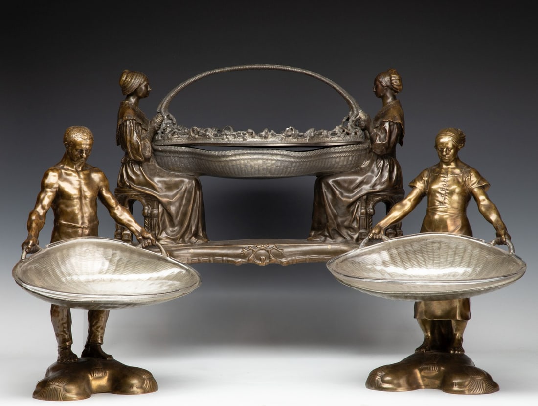 JEAN BAFFIER (1851-1920) BRONZE BANQUET ENSEMBLE: Jean Eugene Baffier (French 1851-1920) Circa 1910 Three figural elements from a monumental 65-piece dining room service made exclusively for Angelo Mariani (1838-1914), the well known creator and
