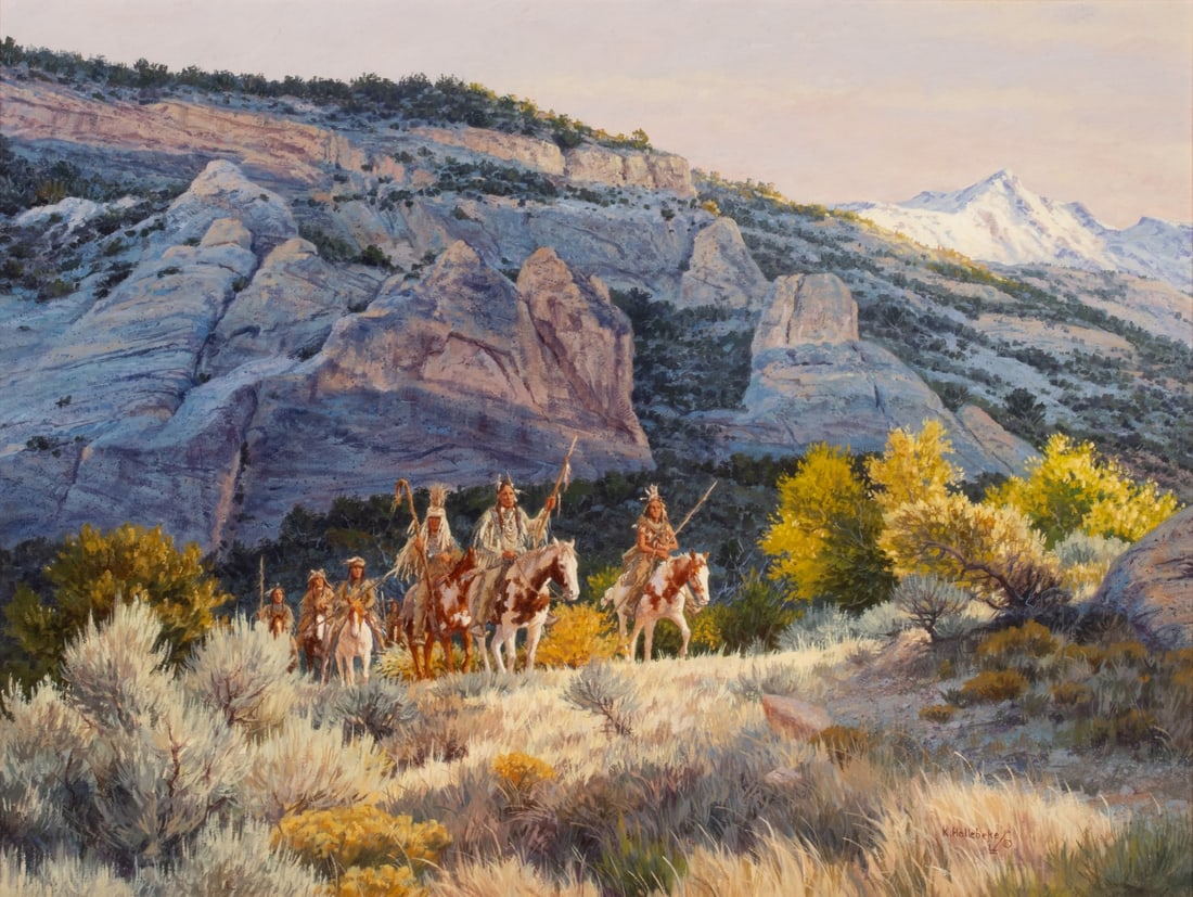 KARIN HOLLEBEKE (1949-2026) OIL ON CANVAS: Karin Hollebeke (1949-2026) Nez Perce High Society Signed lower right and titled verso on the stretcher. Karin Hollebeke was herself an equestrian who participated in cattle drives and worked on