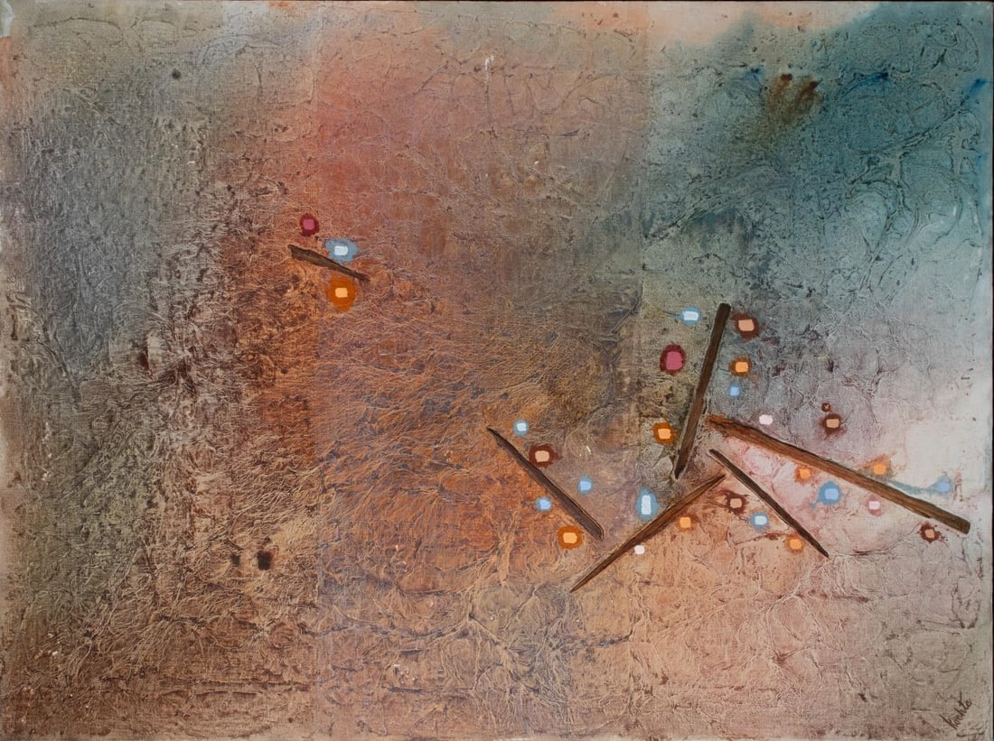 RUTH KOCHTA (1924-2003) OIL AND APPLIQUE ON CANVAS: Ruth Martha Kochta (New York, 1924-2003) Hurricane June 1972 Signed lower left. Signed again, titled and dated 6-72 verso. The current owner, an artist herself, relates the following: 'In the fall of