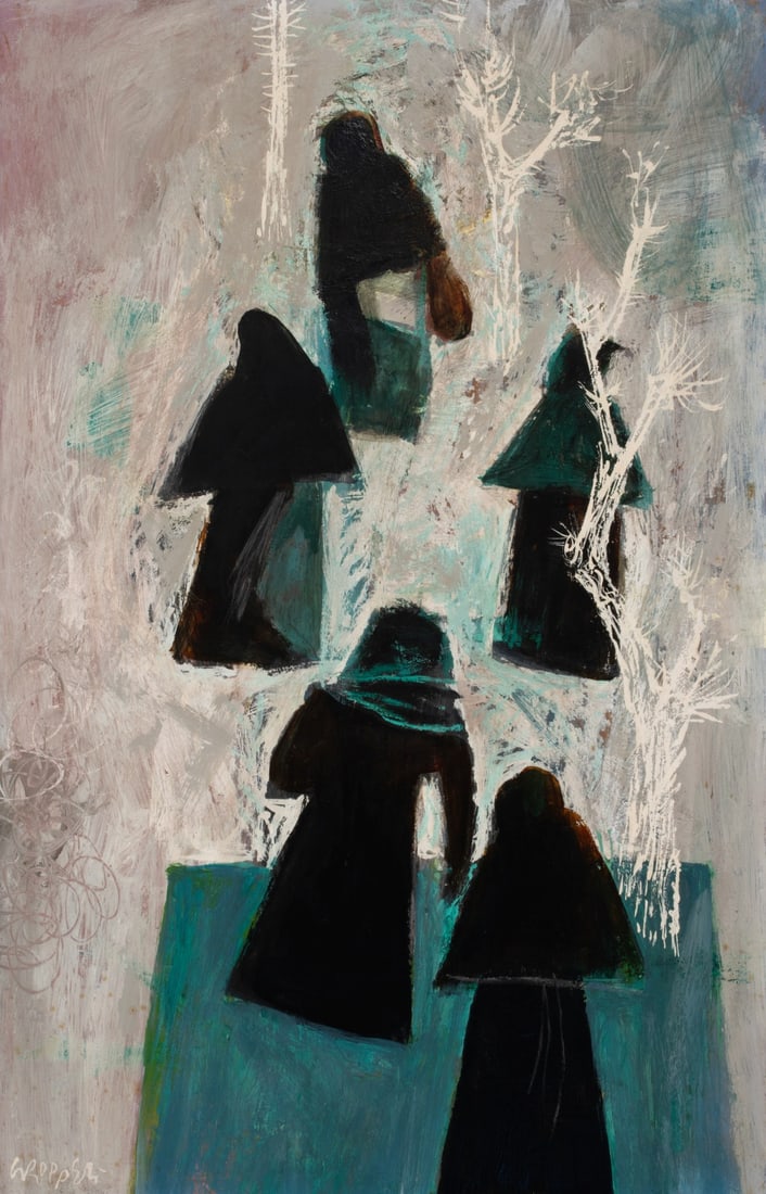 WILLIAM GROPPER (1897-1977): William Gropper (New York, 1897-1977) Casein Or Tempera To Market Mid 20th Century The tempera or casein on Masonite signed lower right presents a procession of nuns depicted in abstracted angular