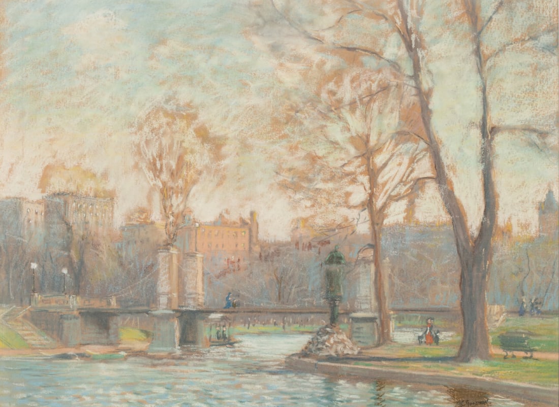 ARTHUR CLIFTON GOODWIN (1864-1929) BOSTON PARK SCENE: Arthur Clifton Goodwin (1864-1929) Untitled view of the Boston Public Garden Foot Bridge 1910 The pastel on brown paper is signed lower right and dated verso. Arthur Clifton Goodwin was a self-taught