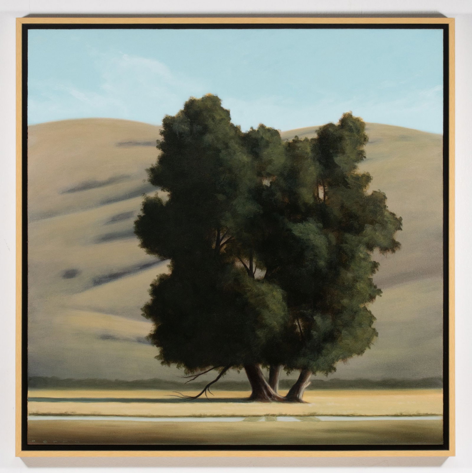 JAMIE PERRY (B. 1962) CALIFORNIA REALIST OIL ON CANVAS: Jamie Perry (Born 1962) The One by the Hills Late 20th/Early 21st Century The clean, sunlit minimalist landscape is signed lower left, titled verso on the canvas. Jamie Perry is a Southern California