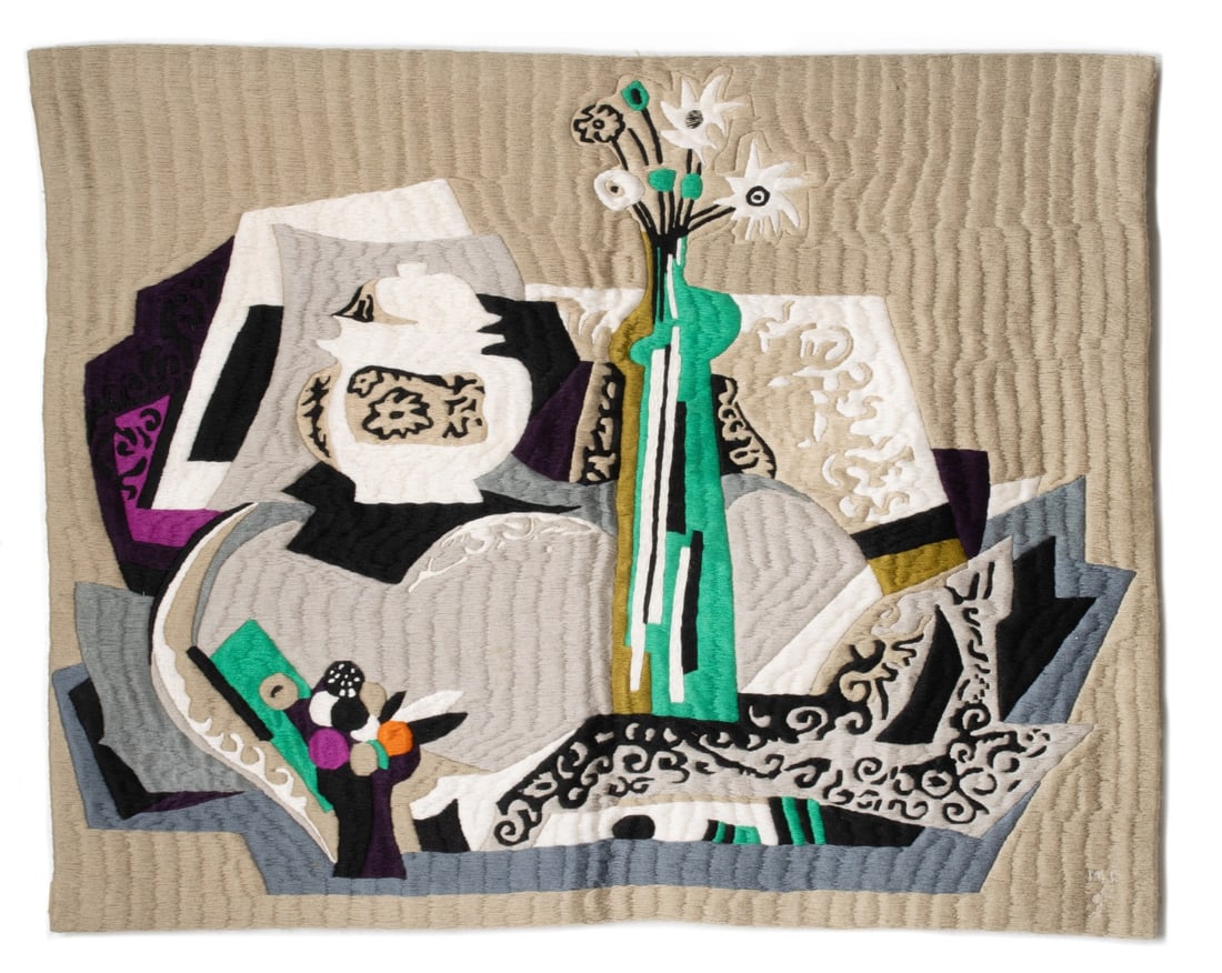MARIA FLAVIA MONSARAZ (1935-2019) TAPESTRY: Maria Flavia Monsaraz (1935-2019) Natureza Morta ( Still Life) Circa 1970 The modernist hand-stitched wool tapestry is signed in thread stitches lower right. Maria Flavia de Monsaraz was a Portuguese