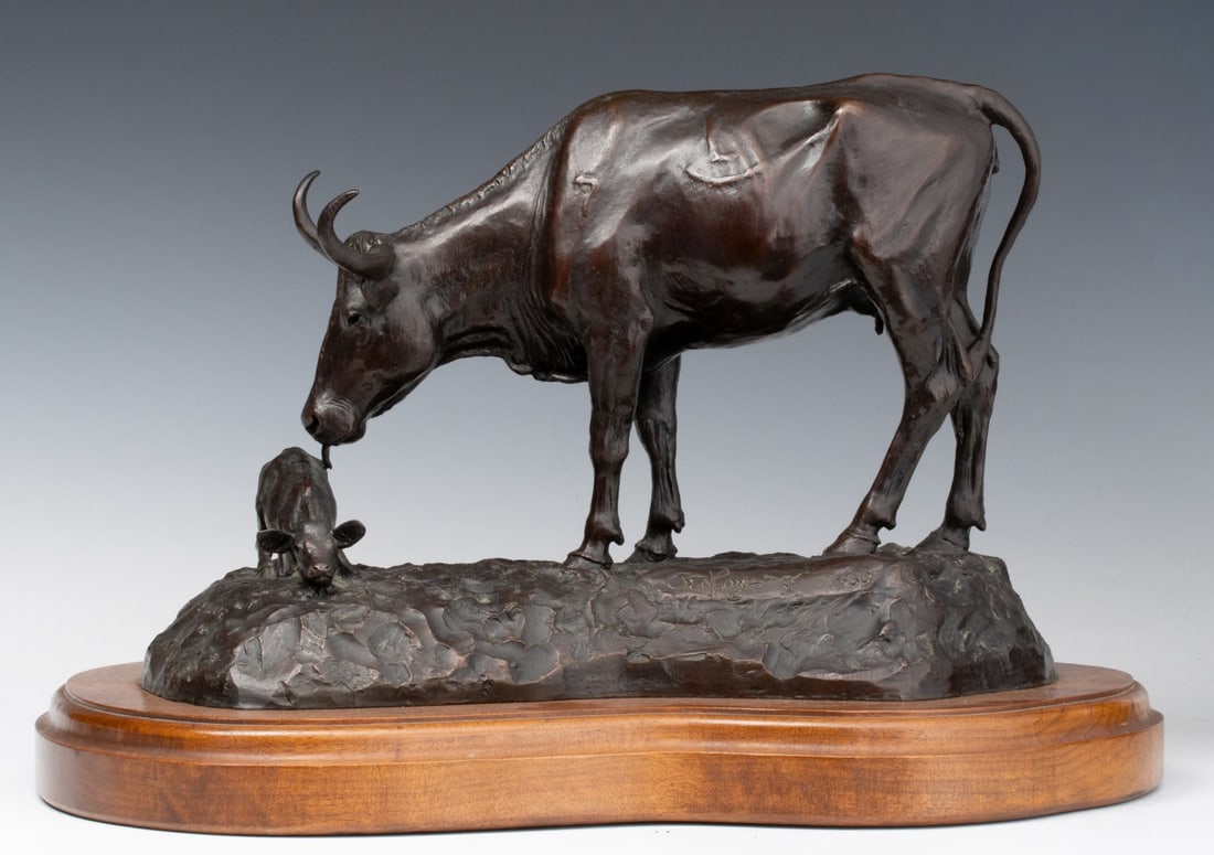 TED LONG (NEBRASKA 1932-2007) COW CALF WESTERN BRONZE: Ted Long (1932-2007) Mamma's Love Late 20th Century The bronze sculpture, numbered 5 from an edition of 30, is signed, titled and numbered within the casting on the base. Ted Long was born on a homest