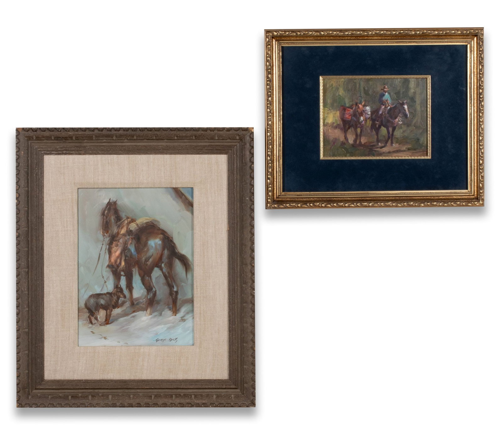 KIM MACKEY AND GEORGE DICK OIL PAINTINGS (TWO WORKS): 1. Kim Mackey (Colorado, Born 1953) Packin In. Oil signed upper left, titled verso. Sight size is 5.5 x 7.5 with a framed size of 13 x 15.75 inches. 2. George Dick (1916-1978) Friends. Oil on panel si