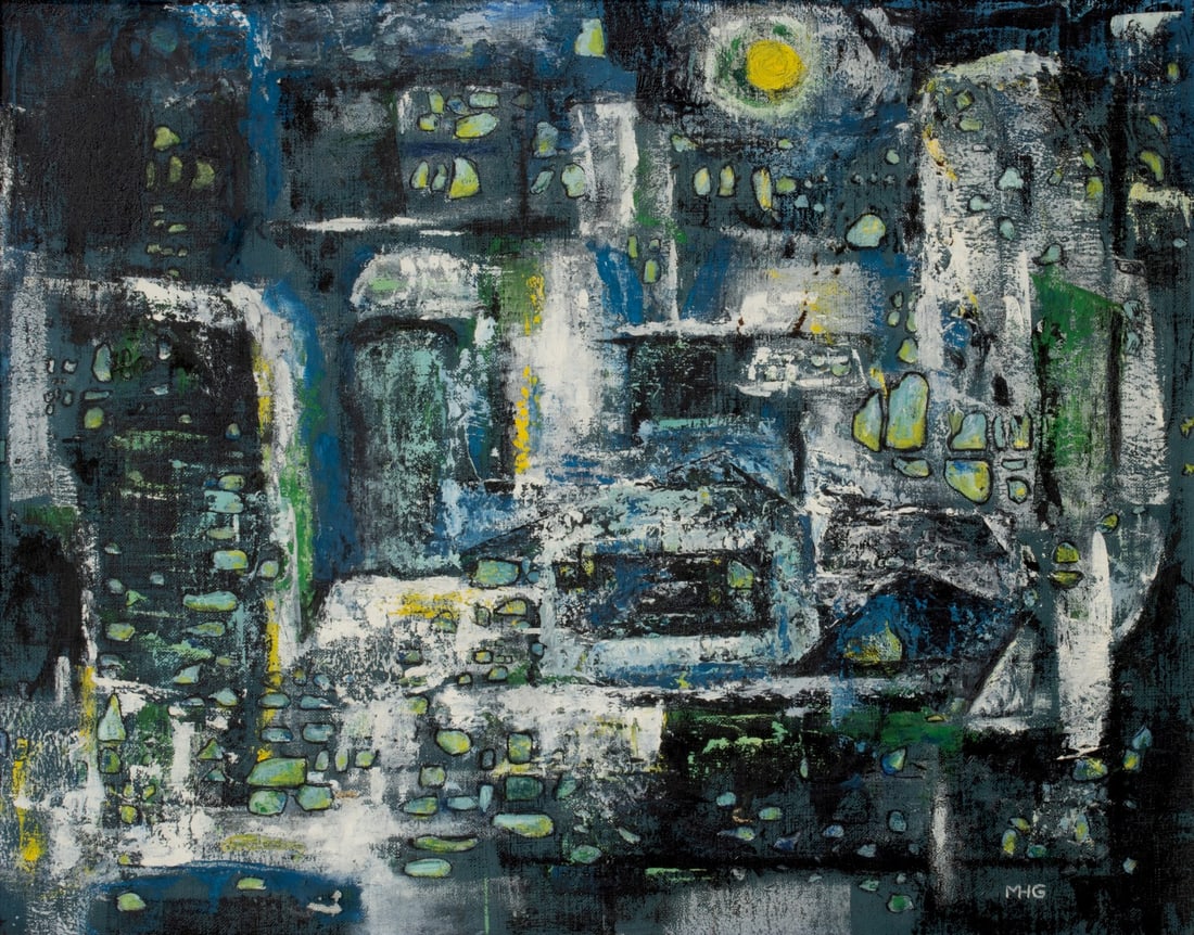 MARIAN HUTTNER GRUNBAUM (1894-2000) OIL ON CANVAS BOARD: Marian Huttner Grunbaum (1894-2000) Let There be Apathy Under the Stars 1953 The oil on canvas in the artist's unique painting technique is signed by monogram lower right. It was purchased by Smith Co