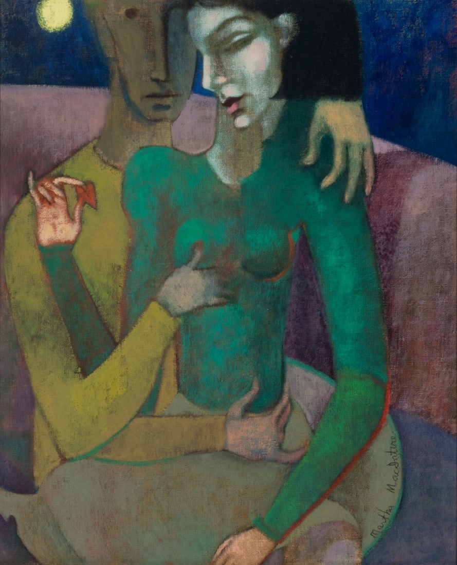 A MID 20TH CENTURY OIL ON BOARD SIGNED MARTHA MACINTIRE: Martha MacIntire The expressionist oil on mounted canvas is signed lower right front and again verso on the mount. Board measures 20 x 16.25 with a framed size of 23.25 x 19.5 inches. Provenance: Priv