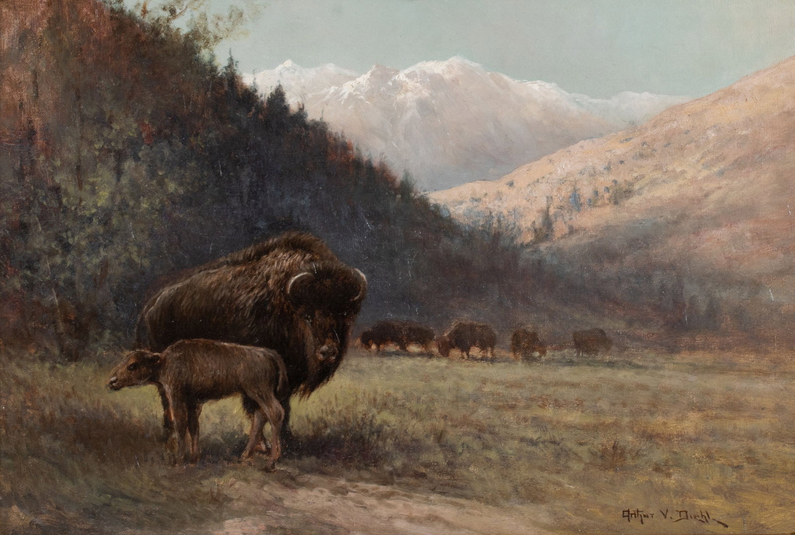 ARTHUR DIEHL (1870-1929) OIL ON ARTIST'S BOARD: Arthur V. Diehl (1870-1929) Untitled (Landscape with Bison) Early 20th Century Signed lower right. Canvas measures 12.25 x 17.75 with a framed size of 19.25 x 25.25 inches. Without proof of exemption,