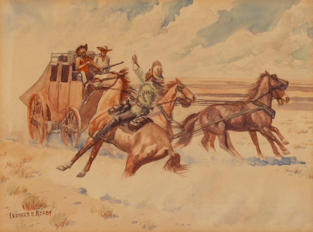 LEONARD REEDY (1899-1956) STAGECOACH HOLD-UP WATERCOLOR (1 of 10)