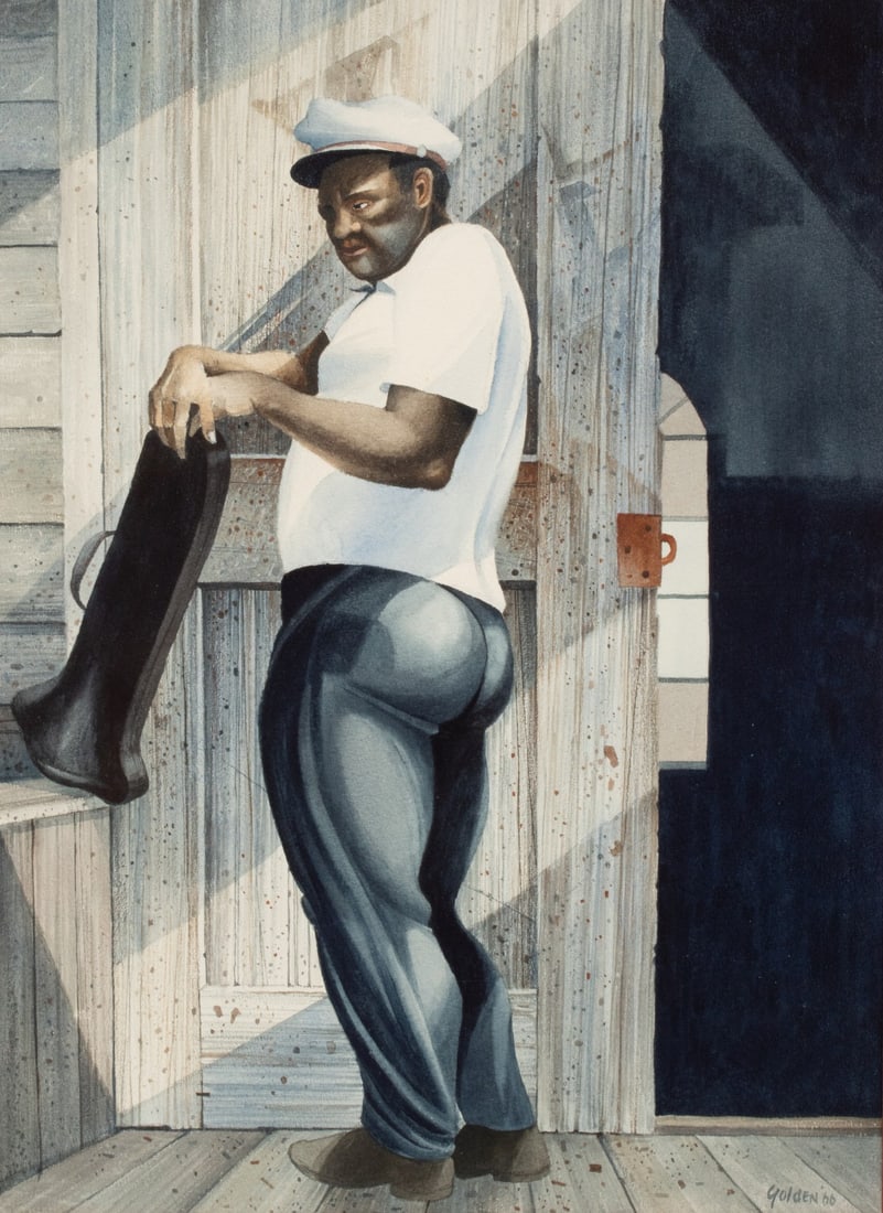 ROLLAND GOLDEN (NEW ORLEANS 1931-2019) WATERCOLOR: Rolland Harve Golden (Louisiana, 1931-2019) The Musician 1966 Signed and dated lower right. Born in New Orleans, Rolland Golden became a distinctive chronicler of the American South, painting its rura