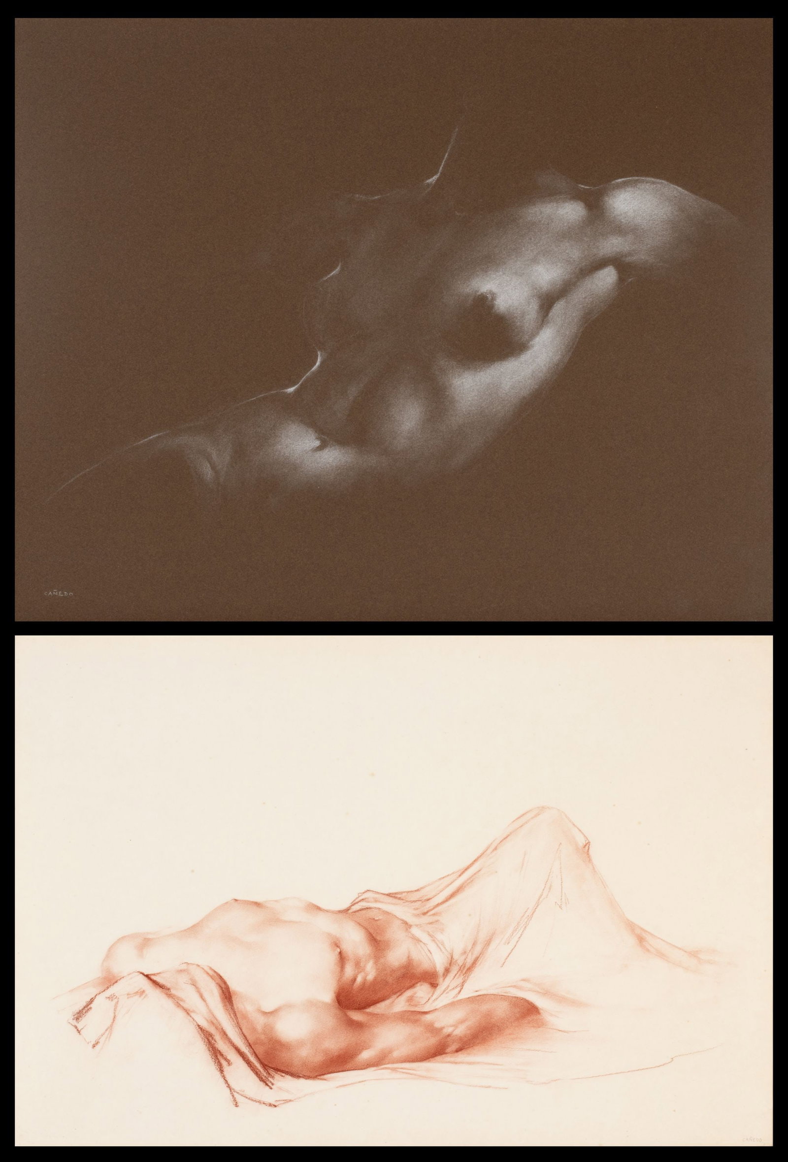 ALEXANDER CANEDO (1902-1978) TWO WORKS ON PAPER: Alexander (Alejandro De) Canedo (Mexico, 1902-1978) 1. Female torso on brown paper signed lower left. Overall framed size measures 20 x 25 inches. 2. Torso in red medium on white paper. Signed in grap