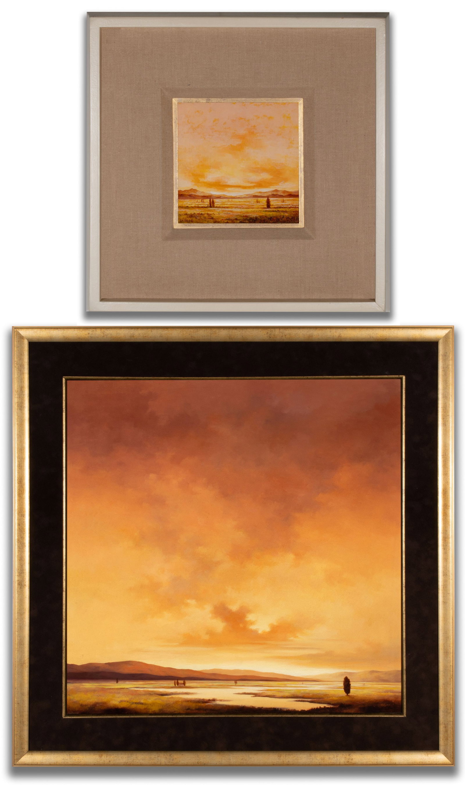 ALEXANDER CANEDO (1902-1978) WORKS ON ARTISTS BOARD (2): Alexander Canedo (1902-1978) Two surreal landscapes. 1. Sight size measures 19 x 19 with a framed size of 25.5 x 25.5 inches. 2.Board measures 6 x 6 with a framed size of 14.25 x 14.25 inches. Measure