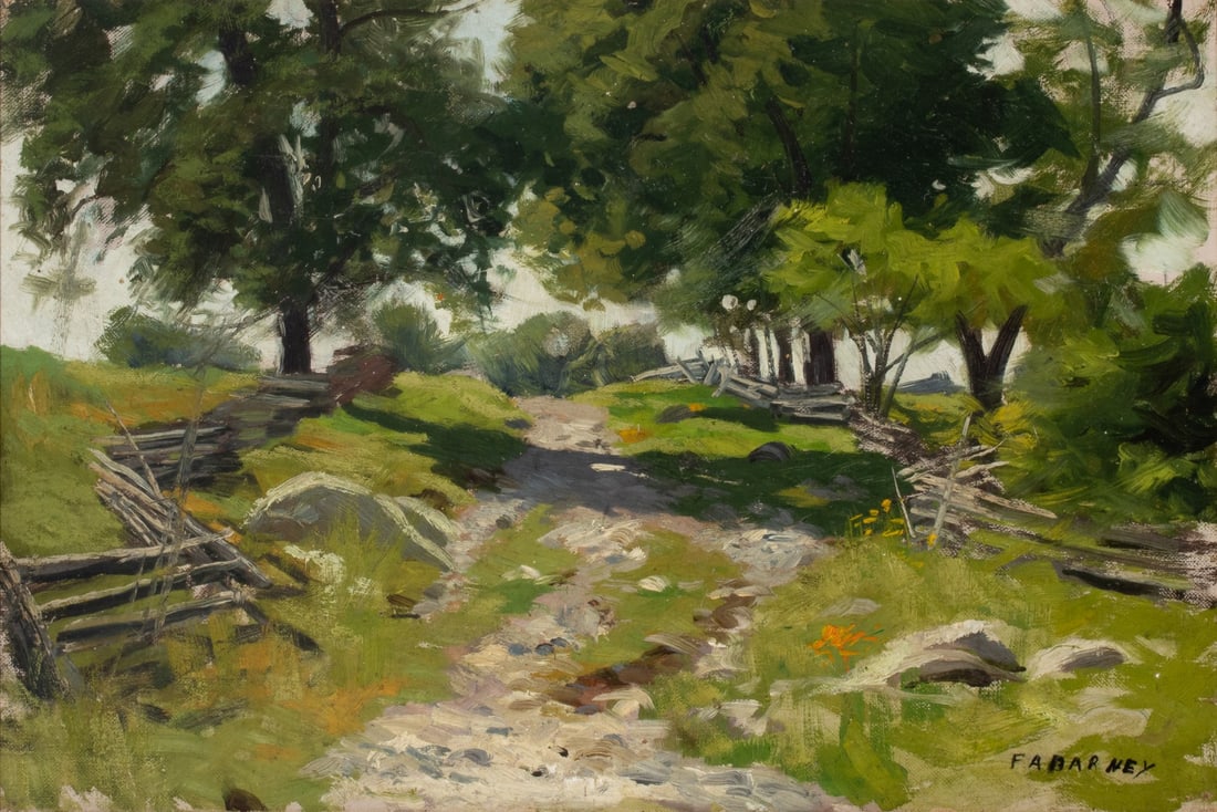 FRANK A. BARNEY (1862-1954) OIL ON CANVAS: Frank A. Barney (1862-1954) Untitled (The Rocky Path) The sunlit composition of New England countryside leads the eye up a hill with meandering path framed by similarly meandering split rail fence fra