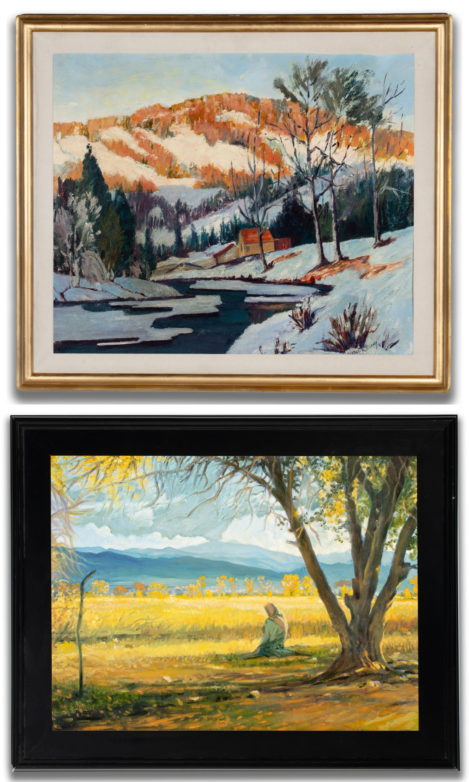 LARRAINE McWHINNEY AND MARILYN LUTHER OIL PAINTINGS (2): 1. Landscape with a homestead in snow below sunlight on a low mountain signed Larraine McWhinney lower right. Board measures 20 x 24 with a framed size of 24.5 x 28.5 inches. 2. Golden landscape with 