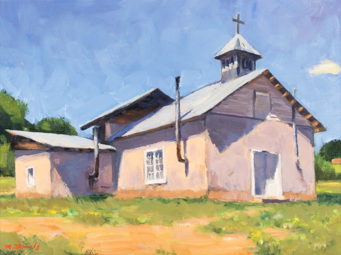 MARK DANIELS (21ST C.) NEW MEXICO OIL ON CANVAS: Mark Daniels (Arizona, 21st Century) Church in Ojo Sarco Signed lower right and titled verso. Canvas measures 12 x 16 with a framed size of 18.25 x 22.25 inches. Provenance: Private collection - Taos,