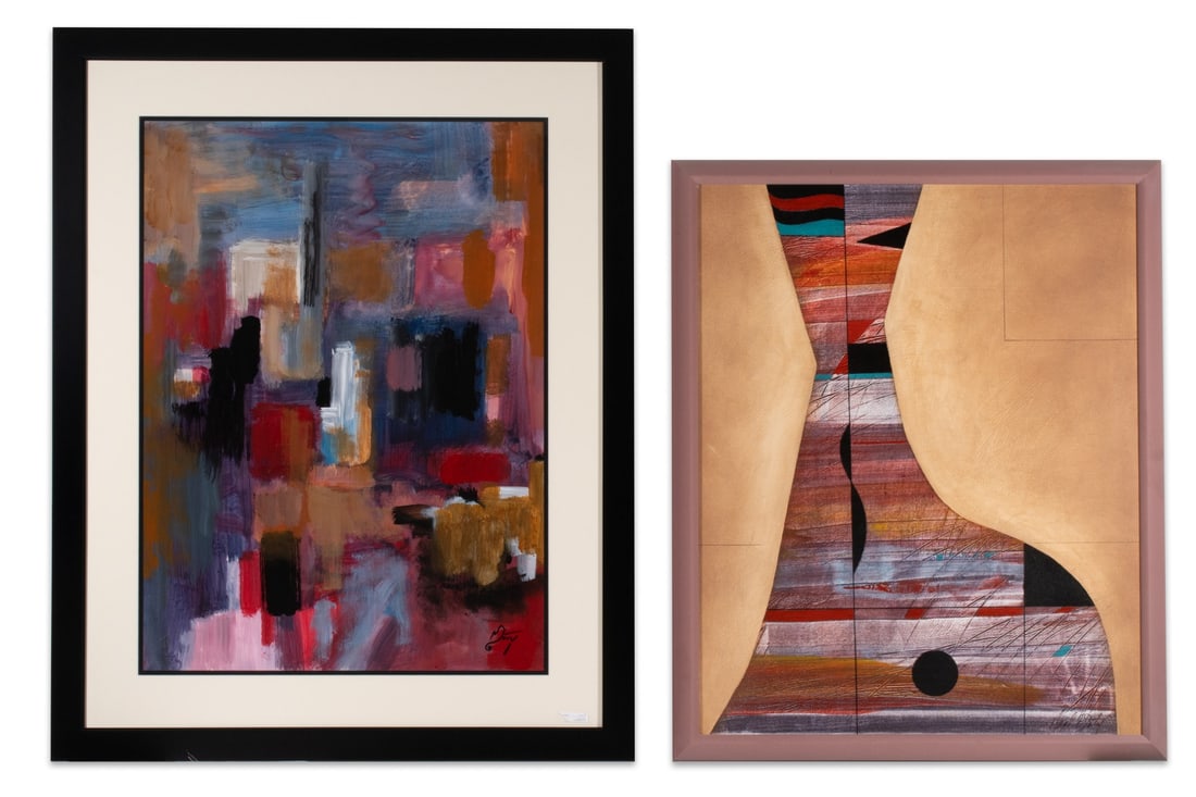NEAL DOTY (1941-2016) TWO ACRYLIC PAINTINGS: Neal Doty (1941-2016) 1. Untitled. Acrylic on canvas signed lower right. 2. The Pipes Are Calling. Acrylic signed lower right and titled verso with a certificate of authenticity. Overall framed size m