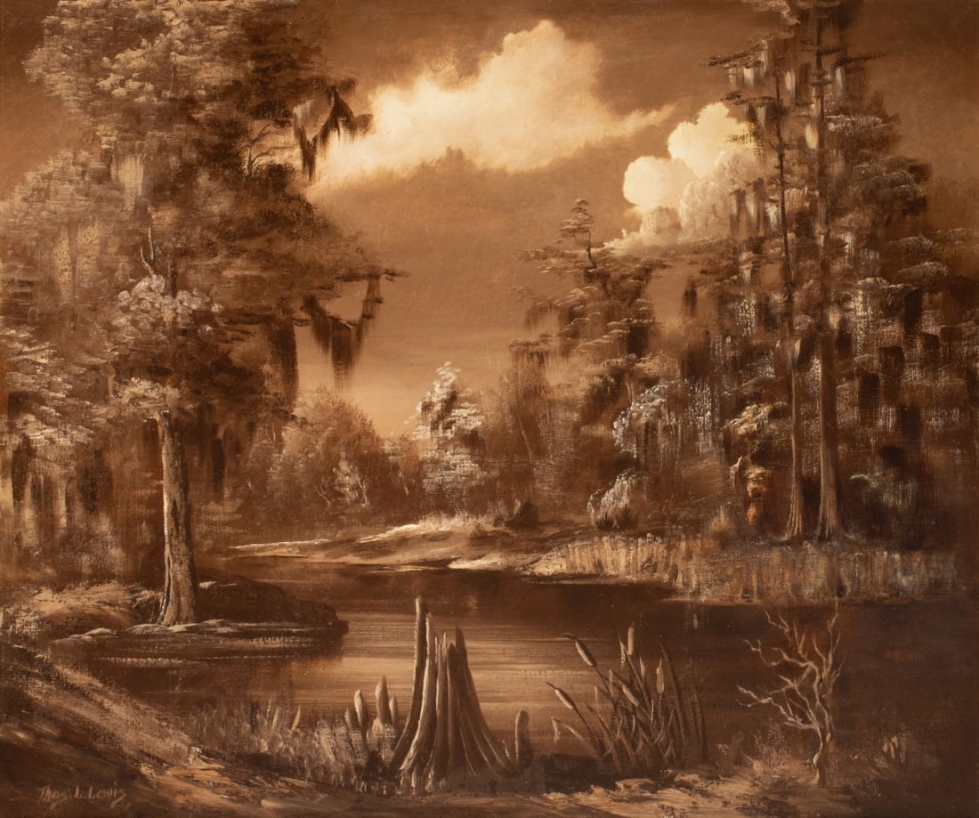 THOMAS L. LEWIS (1907-1978) OIL ON CANVAS: Thomas L Lewis (New Mexico, 1907-1978) The Gulf Coast southern American landscape is signed lower left. Canvas measures 25 x 30 with a framed size of 32.5 x 37.5 inches. Provenance: Private collection
