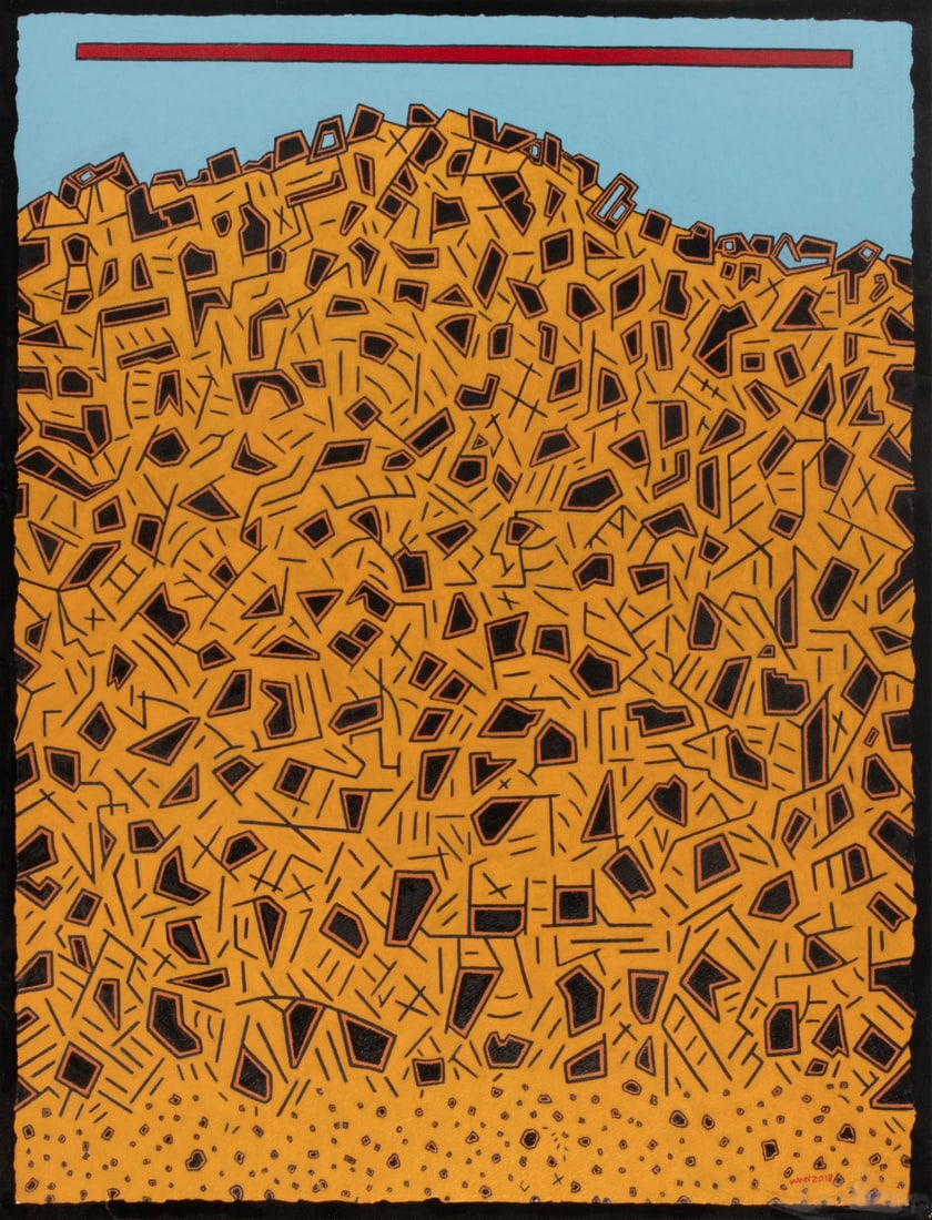 WALTER W. NELSON (BORN 1942) OIL ON PAPER: Walter W Nelson (Born 1942) Rock Fall 2018 Initialed and dated lower right, titled verso. Sheet measures 30 x 22 with a framed size of 33.5 x 25.75 inches. Without proof of exemption, be aware that in