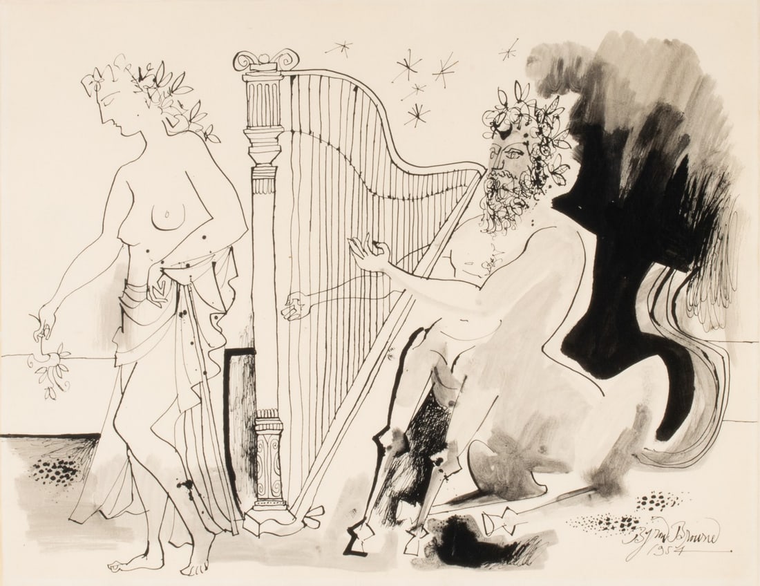 BYRON BROWNE (1907-1961) INK WASH ON PAPER DATED 1954: (George) Byron Browne (New York, 1907-1961) 1954 Signed and dated lower right. Sheet measures 19.75 x 25.5 with a framed size of 31.5 x 37.5 inches. Provenance: Private collection, North Kansas City, 