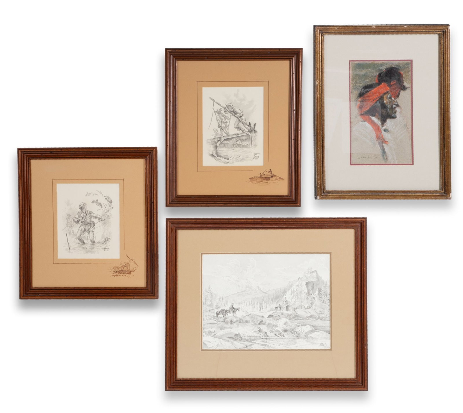 TOM BEARD DRAWINGS AND GEORGE CARLSON PASTEL: 1. Thomas Lee Beard (Missouri, Born 1927) Graphite sketch of a trapper, signed and dated 1971 lower right, a remarque sketch on the mat depicts a beaver foiling a trap. 2. Thomas Lee Beard (Missouri, 