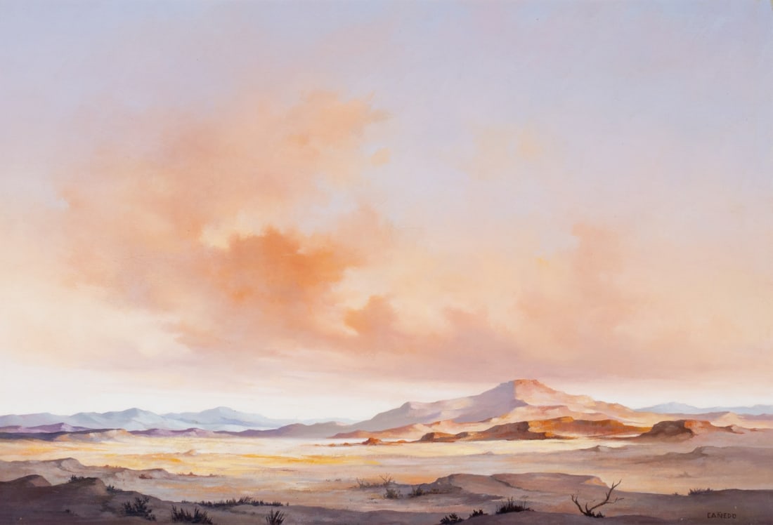 ALEXANDER CANEDO (1902-1978) OIL ON ARTIST'S BOARD: Alexander Canedo (1902-1978) Mid 20th Century The surreal landscape is signed lower right front. Sight size measures 12.5 x 18.5 with a framed size of 16.25 x 22.25 inches. Without proof of exemption,