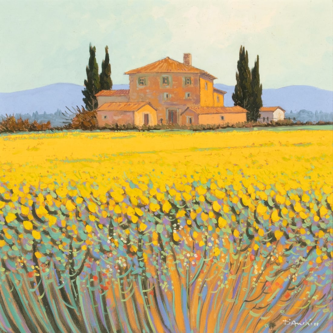 MERCURIO D'ANCHISE (21st C.) OIL ON ARTIST'S BOARD: Mercurio D'Anchise (Florence Italy, 21st C.) Signed lower right. Board measures 19.5 x 19.5 with a framed size of 28 x 28 inches. Provenance: Private collection - Taos, New Mexico Without proof of exe