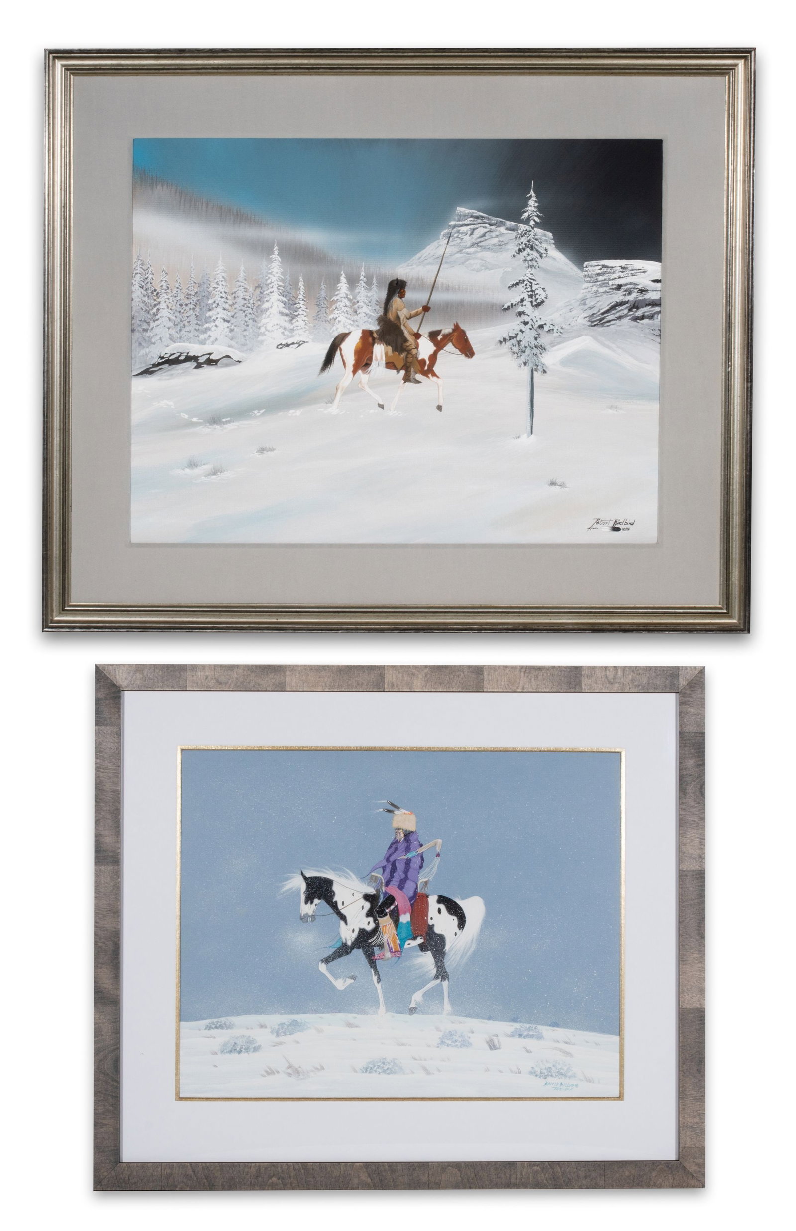 ROBERT REDBIRD SR. and DAVID WILLIAMS WORKS ON PAPER: 1. Robert Redbird Sr (Kiowa, 1939-2016) Kiowa Winter Scout (1984). Signed and dated lower right, titled verso. Sight size measures 19 x 25 with a framed size of 28.25 x 34.5 inches. 2. David Emmett