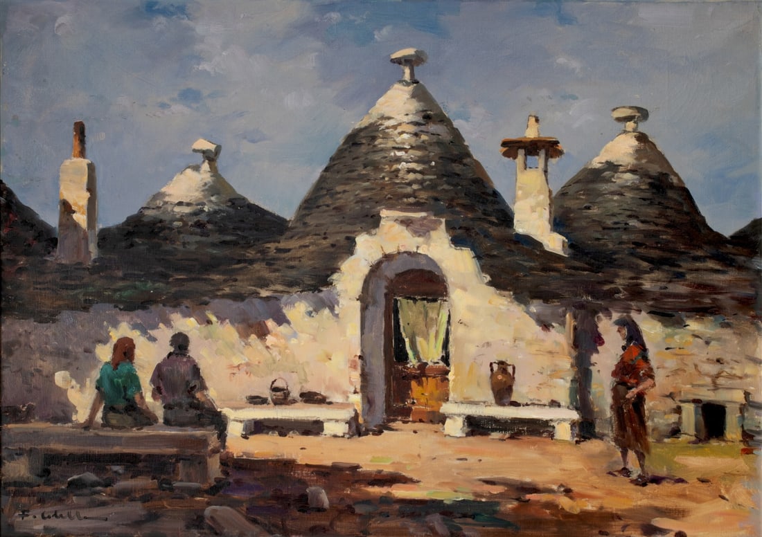 FRANCO COLELLA (1900-1981) OIL ON CANVAS: Franco Colella (1900-1981) Trulli Di Alberobello Bari Houses Bari) Third quarter of the 20th century. The oil on canvas of traditional drystone conical roof houses in Alberobello, Italy is signed