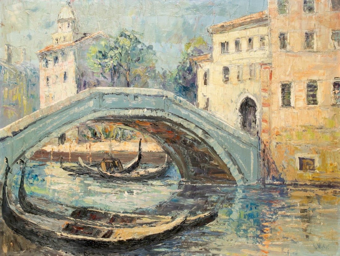GEORGE WILLIAM HILL (1862-1934) OIL ON CANVAS: George William Hill (1862-1934) Ponte Fizzuri Chioggia, Venice, Italy Early 20th Century The view of Ponte di Vigo (Vigo Bridge) is signed and dated lower right front, titled verso, and displayed in