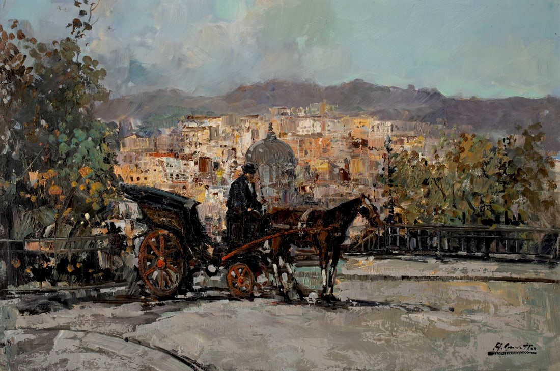 ITALIAN SCHOOL OIL ON CANVAS SIGNED GRAVETTI: Gravetti (Born 1925) Untitled (Day in Naples) Mid 20th Century The view of horse and driver on a terrace overlooking Naples is signed lower right. Born in Naples, Italy, in 1925 to Dutch parents,
