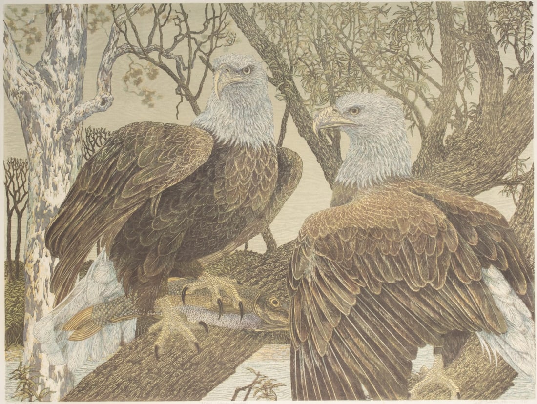 JANET TURNER (1914-1988) UNIQUE LINOCUT AND SCREENPRINT: Janet Elizabeth Turner (Kansas, 1914-1988) Raptor Rapture 1976 The large format, somewhat unique, color linocut and screenprint, numbered 9 from a variable edition of 160 prints, is signed by the arti