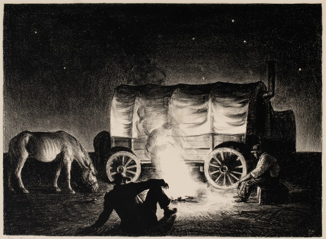 PETER HURD (1904-1984) PENCIL SIGNED LITHOGRAPH: Peter Hurd (New Mexico, 1904-1984) Texas Nomads 1937 The lithograph published in an edition of only 40 prints is signed by the artist in pencil below the image lower right and titled lower left.
