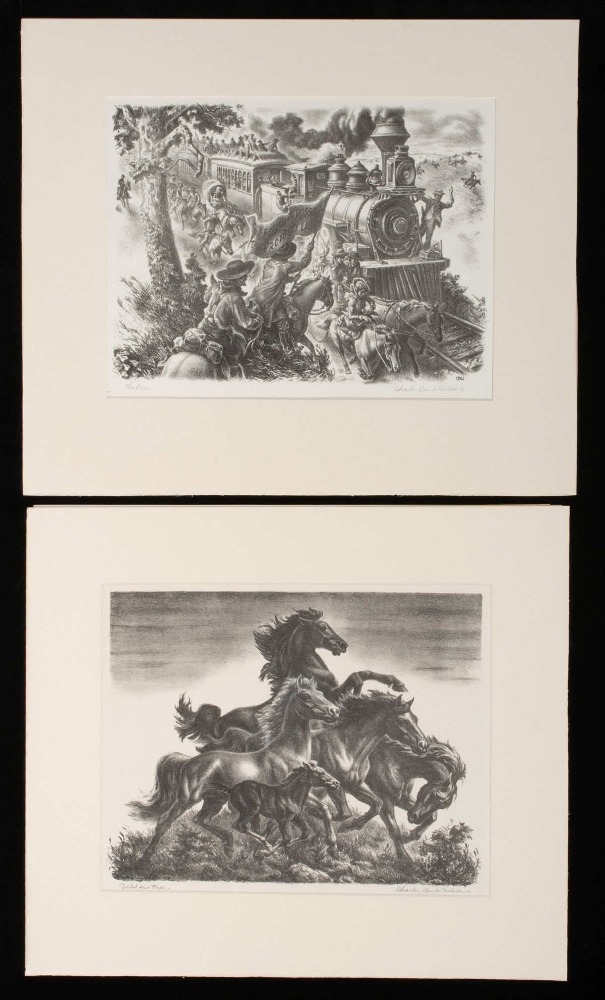CHARLES BANKS WILSON PENCIL SIGNED LITHOGRAPHS (FOUR): Charles Banks Wilson (Oklahoma, 1918-2013) A collection of five unframed pencil signed lithographs in very good condition. 1. The Race (1976). The lithograph, published in an edition of 200 prints,